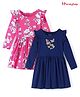 Honeyhap Premium 100% Cotton Knit Full Sleeves Frill Detailed Frocks With Floral & Butterfly Print Pack Of 2 - Pink & Navy