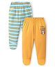 Doodle Poodle Interlock Cotton Knit Striped Footed Bootie Leggings with Teddy Print Pack of 2 - White & Yellow