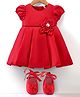 Babyhug  Woven Half Puffed Sleeves Fit & Flared Party Frock with Booties Floral Applique - Red