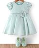 Babyhug  Woven Half Puffed Sleeves Solid Colour Party Frock with Floral Applique Lace Detailing & Pair of Booties - Sea Green