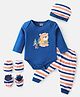Babyhug 100% Cotton Knit Full Sleeves With Bear Print Onesie with Striped Leggings and Cap Mittens Booties-Navy Blue