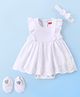 Babyhug 100% Cotton Knit Sleeveless Frock Style Onesie with Hairband & Booties Schiffili Design - White