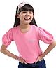 Arias Cotton Knit Tops With Woven Schiffli Puffed Sleeves & Logo Embroidery- Pink