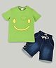 YOUMAA Cotton Knit Half Sleeves Smiley Face Printed Tee With Denim Shorts Set - Green
