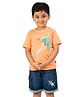 YOUMAA Cotton Knit Half Sleeves Flying To The Space Text Printed Tee With Denim Shorts Set - Orange