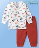 Babyoye Cotton Knit Full Sleeves Front Open Thermal Vest & Pant Set with Carrot & Tractor Print - White & Red