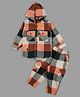 Actuel Cotton Full Sleeves Checked Hooded Shirt With Coordinating Joggers Set - Orange Grey Cream & Olive Green