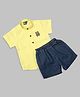 Actuel Cotton Half Sleeves Bear Embroidered Shirt With Denim Shorts - Yellow & Blue