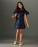 KIDSDEW Jacquard Half Puffed  Sleeves Floral Printed Dress - Navy Blue