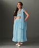 KIDSDEW Mesh Frill Sleeves Sequins & Shimmer Embellished Lehenga Choli With Dupatta Set - Blue