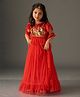 KIDSDEW Mesh Frill Sleeves Sequins & Shimmer Embellished Lehenga Choli With Dupatta Set - Red