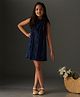 KIDSDEW Sleeveless Abstract Printed & Bow Detailed Dress - Navy Blue