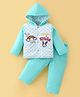 Cucumber Sinker Knit Full Sleeves Hooded T-Shirt & Lounge Pants Set With Bunny Print - Sky Blue