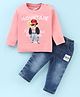 Child World Cotton Knit Full Sleeves T-Shirt & Denim Jeans Set With Teddy Print - Light Pink