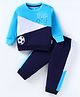 Child World Cotton Knit Full Sleeves Cut & Sew T-Shirt & Lounge Pants Set With Football Print - Navy & Firoza