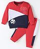 Child World Cotton Knit Full Sleeves Cut & Sew T-Shirt & Lounge Pants Set With Football Print - Red