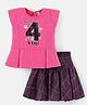 Enfance Embosis Hosiery Cap Sleeves Floral Printed Top With Checked Skirt - Pink