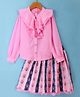 Enfance Full Sleeves Solid Top With Striped Skirt - Pink