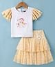 Enfance Synthetic Half Sleeves Bear Embroidered Top With Polka Dots Printed Skirt Set  - Lemon