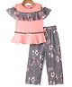 Enfance Core Cotton Cold Shoulder Floral Printed Peplum Top With Palazzo Set - Grey