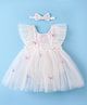 Mark & Mia Frill Sleeves Sequined Party Frock Style Onesie with Headband & Butterfly Applique - Ivory