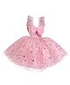 TINY MINY MEE Elastane Sleeveless Bow Applique & Foil Stars Printed Shimmered Dress - Pink