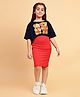 Little Marine Ribbed A Line Dress With Half Sleeves Teddy Printed Crop Top  - Black & Red