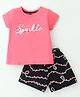 Evimo Single Jersey Knit Half Sleeves T-Shirt & Shorts Set With Text Print - Pink & Black