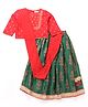 EARTHY TOUCH Woven Full Sleeves Floral Embroidered & Lace Detailing Choli & Lehenga Set with Dupatta  - Red & Green