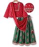 EARTHY TOUCH Woven Full Sleeves Floral Embroidered & Lace Detailing Choli & Lehenga Set with Dupatta  - Red & Green
