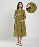 CRAFIQA Three Fourth Sleeves Floral Printed Maternity Dress With Concealed Zipper Nursing Access - Mehndi Green