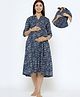 CRAFIQA Three Fourth Sleeves Paisley  Printed Maternity Dress With Concealed Zipper Nursing Access - Indigo