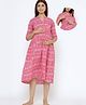 CRAFIQA Three Fourth Sleeves Motif Printed Maternity Dress With Concealed Zipper Nursing Access - Pink