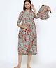 CRAFIQA Three Fourth Sleeves Floral Printed Maternity Dress With Concealed Zipper Nursing Access - Turquoise