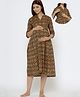 CRAFIQA Three Fourth Sleeves Floral Motif Printed Maternity Dress With Concealed Zipper Nursing Access - Mustard & Maroon