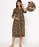 CRAFIQA Three Fourth Sleeves Floral Printed Maternity Dress With Concealed Zipper Nursing Access - Brown