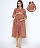 CRAFIQA Three Fourth Sleeves Floral Motif  Printed Maternity Dress With Concealed Zipper Nursing Access - Red & Blue