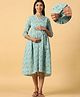 CRAFIQA Three Fourth Sleeves Floral Swirl Printed Maternity Dress With Concealed Zipper Nursing Access - Sea Blue