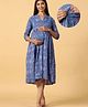 CRAFIQA Three Fourth Sleeves Floral Printed Maternity Dress With Concealed Zipper Nursing Access - Blue & Pink