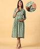 CRAFIQA Three Fourth Sleeves Floral Printed Maternity Dress With Concealed Zipper Nursing Access - Light Green