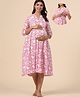 CRAFIQA Three Fourth Sleeves Floral Printed Maternity Dress With Concealed Zipper Nursing Access - Pink & White