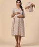 CRAFIQA Three Fourth Sleeves Motif Printed Maternity Dress With Concealed Zipper Nursing Access - Red & Grey
