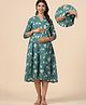 CRAFIQA Three Fourth Sleeves Floral Printed Maternity Dress With Concealed Zipper Nursing Access - Green & White