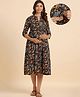 CRAFIQA Three Fourth Sleeves Floral  Printed Maternity Dress With Concealed Zipper Nursing Access - Black & Brown