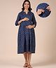 CRAFIQA Three Fourth Sleeves Abstract Printed Maternity Dress With Concealed Zipper Nursing Access - Indigo