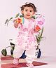 Vastramay Cotton Puffed Sleeves Floral Printed A Line Kurta And Pant Set - Pink And White