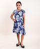 Kiddopanti Cap  Sleeves Floral Printed Drape Panel Dress - Navy