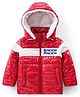 Babyhug Full Sleeves Front Open Padded Hooded Jacket with Colour Block Design & Text Embroidery - Red