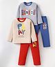 OHMS Single Jersey Knit Full Sleeves T-Shirt and Lounge Pant with Text Print Pack of 2 - Blue Tan & Red