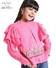 Arias Woven Full Sleeves Top With Floral Embroidery And Frill Detailing - Pink
